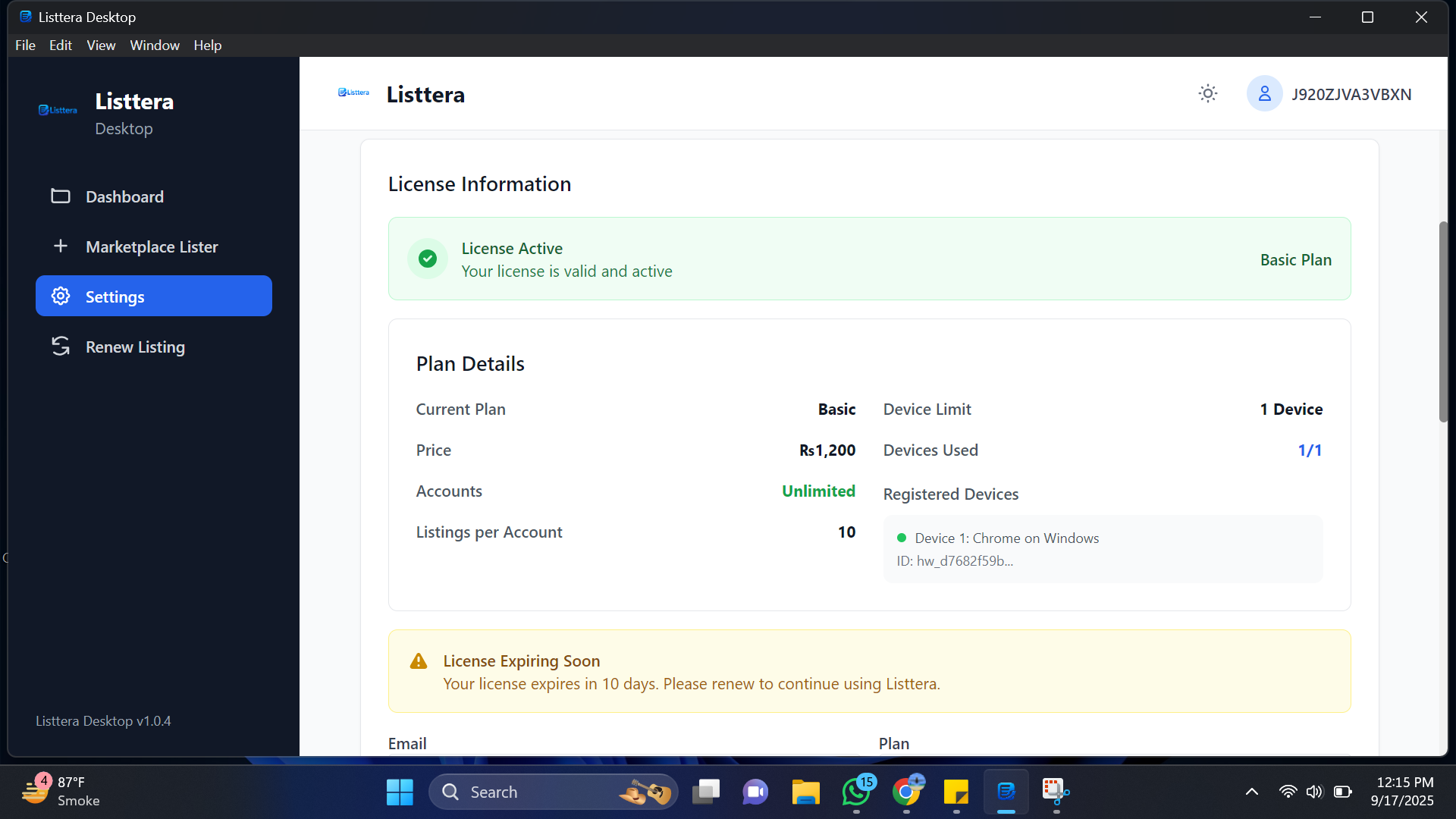 Listtera Settings & License Management